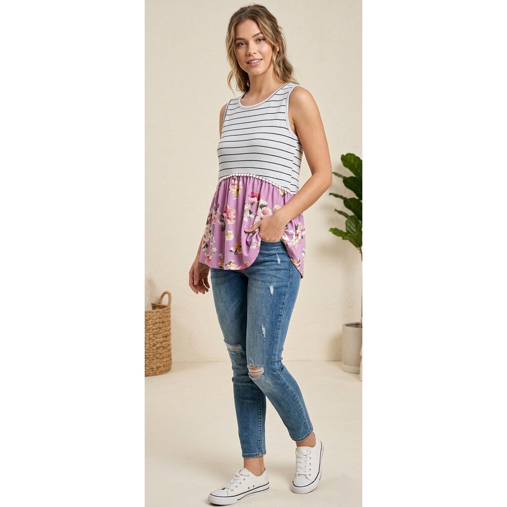 Perfect Brand Striped Floral Peplum Top Size Medium Mixed Media Sleeveless Tank